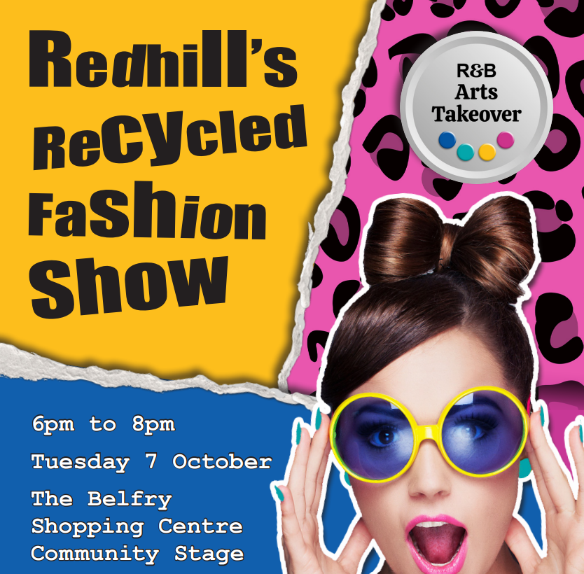 Funky fashion show flier with blocks of yellow, leopard and blue