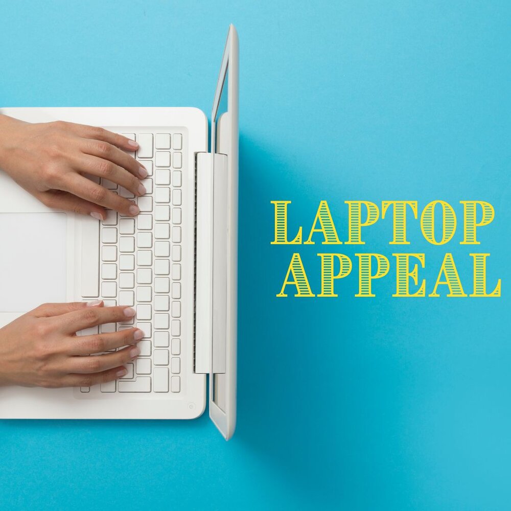 picture of a white laptop on a blue aqua background with yellow text 'laptop appeal'