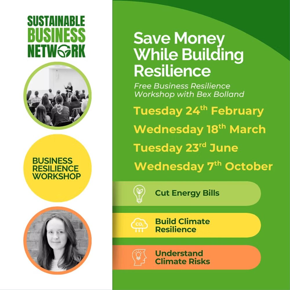 A promotional graphic for the Sustainable Business Network advertising free Business Resilience Workshops with Bex Bollands. The right side lists workshop dates in bold green and yellow text: Tuesday 24th February, Wednesday 18th March, Tuesday 23rd June, and Wednesday 7th October. Below the dates are three coloured banners with icons and text: “Cut Energy Bills,” “Build Climate Resilience,” and “Understand Climate Risks.” The left side includes two circular photos—one of a speaker presenting to