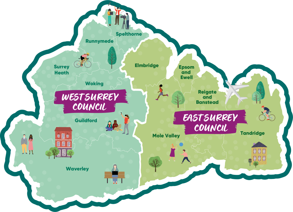 A map showing the areas covered by East Surrey and West Surrey