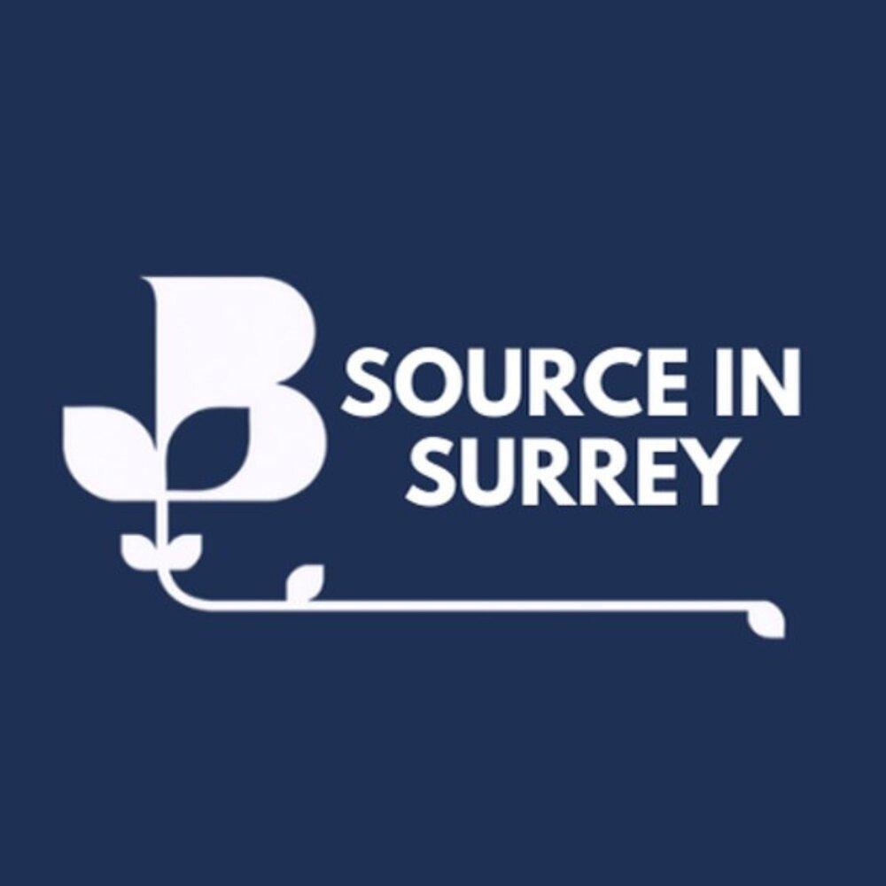 The Source in Surrey logo features a stylized white flower extending horizontally from a letter B on a blue background.