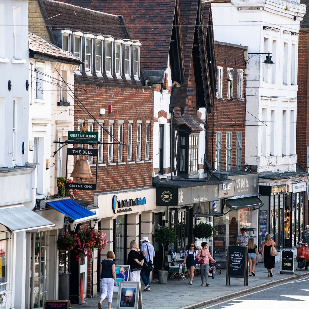 Reigate street showing shopfronts and pedestrians