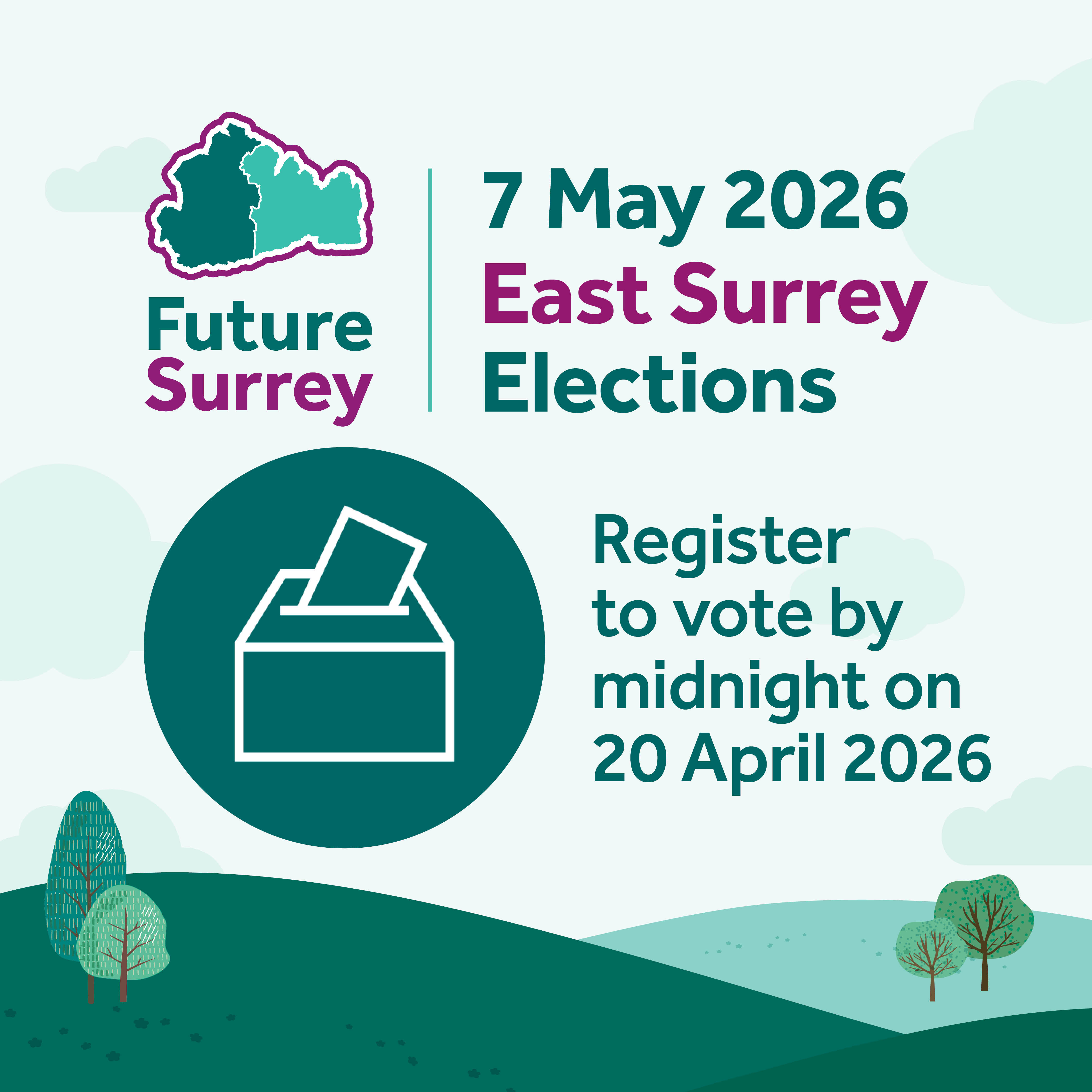 Ballot box graphic with text "Register to vote by 20 April 2026"