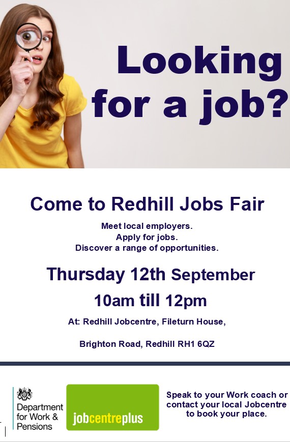 Flier for Redhill Job fair on Thursday 12 Sept, photo of lady with yellow top and magnifying glass