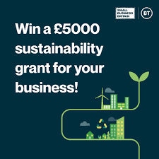 Dark green background with white text that reads: “Win a £5000 sustainability grant for your business!” Below the text is a green line illustration of a plant sprouting from a cityscape with wind turbines and houses. Logos for “Small Business Britain” and “BT” appear in the top right corner.