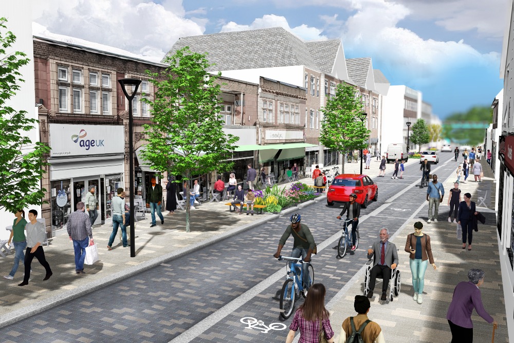 CGI of how Horley High Street will look once complete, with paving, news cycle lane, street furniture and planting