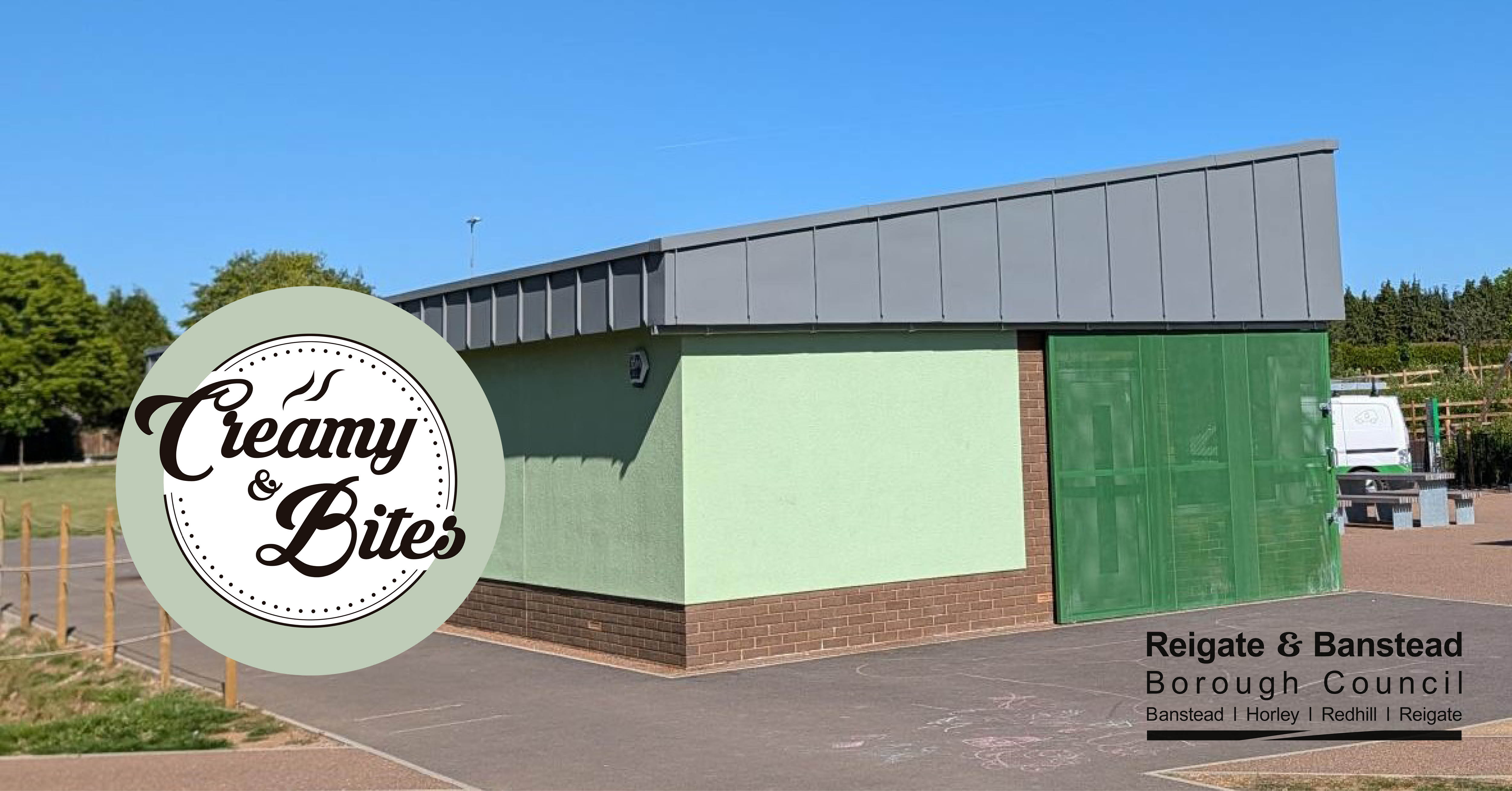 Picture of Merstham Rec pavilion with Creamy & Bites logo