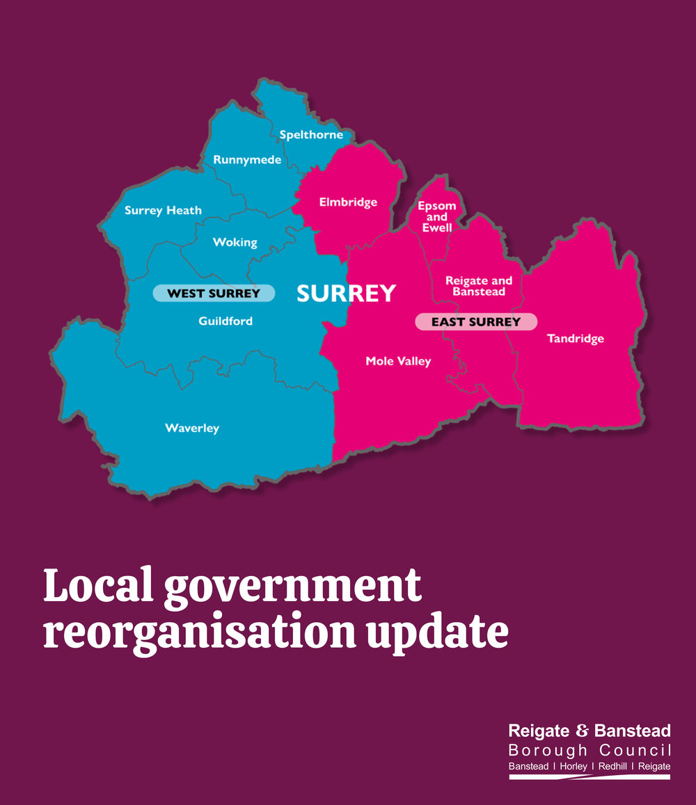 Graphic depicting Surrey reorganisation into East and West Surrey 