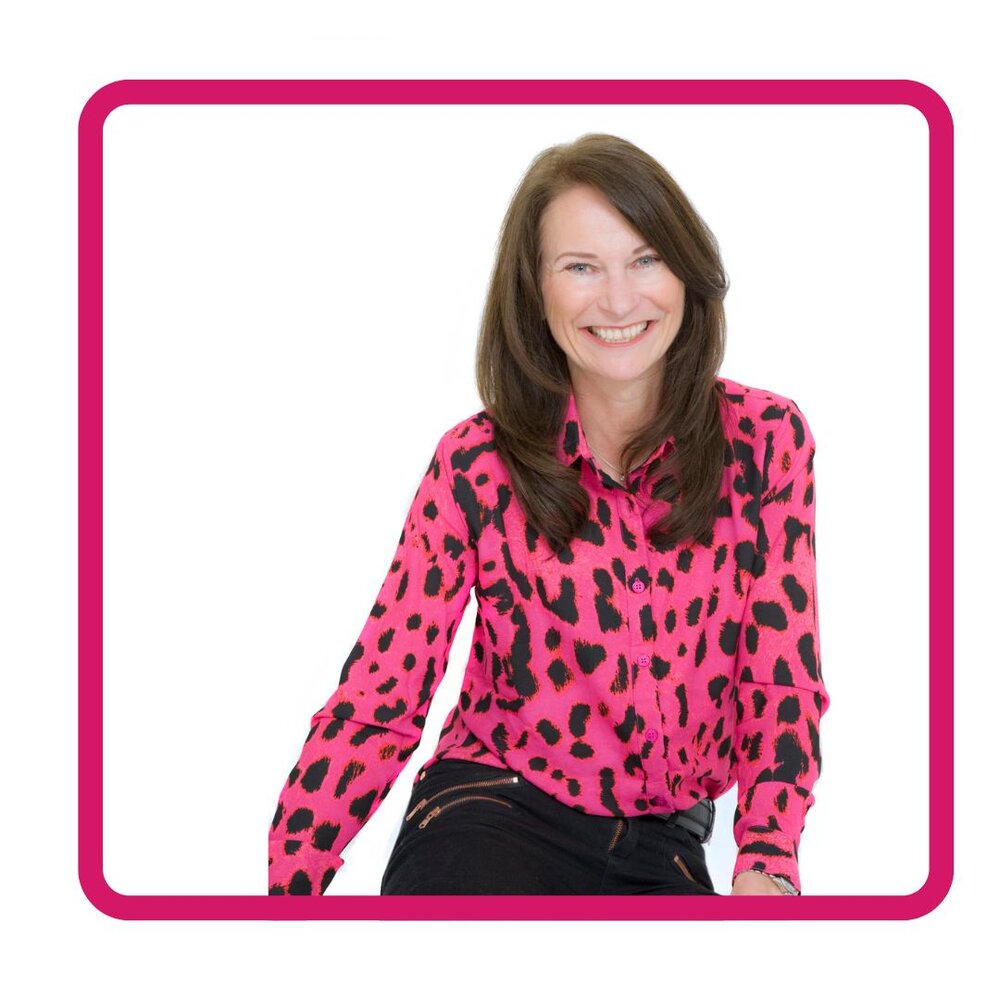 Photos of lady with long dark hair and pink patterned top