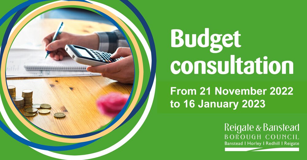 Budget consultation green graphic with round photo of hands, coins and calculator