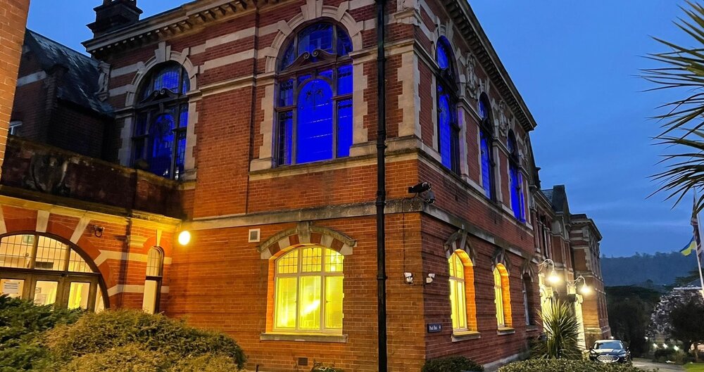 Reigate & Banstead Town Hall lit in the colours of Ukraine