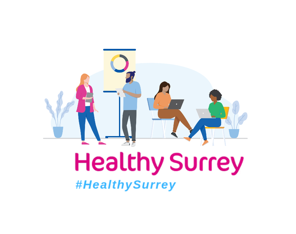 Graphic of 4 people seated working