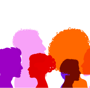 Silhouettes of women in red, purple and orange