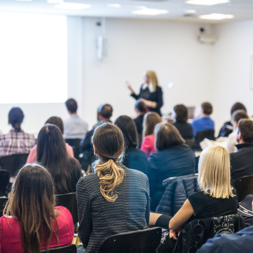 Audience seated in a conference room listening to a presenter pointing at a projected screen during a workshop or seminar.