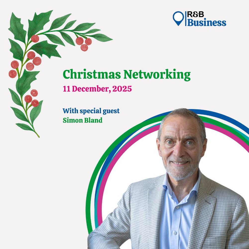 Christmas Networking event by R&B Business on 11 December 2025, featuring special guest Simon Bland. Festive holly design and colourful curved accents.