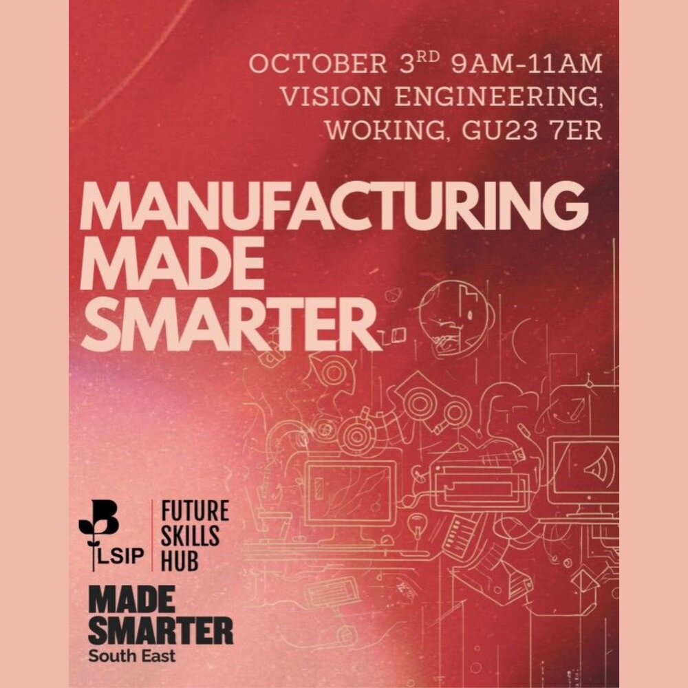 Red and pink poster image of the Manufacturing Made Smarter event in Woking on October 3, 9-11am at Vision Engineering in Woking, GU23 7ER