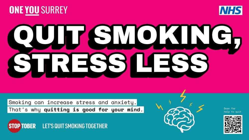 Graphic says 'Stop smoking, stress less. Smoking can increase stress and anxiety. Stoptober. Let's quit smoking together.'