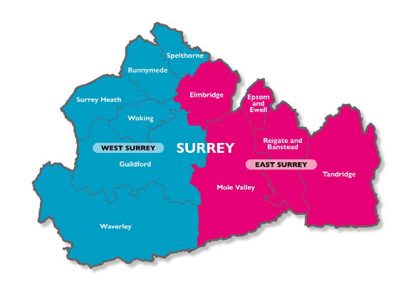 Map showing outline of two unitary authorities for Surrey