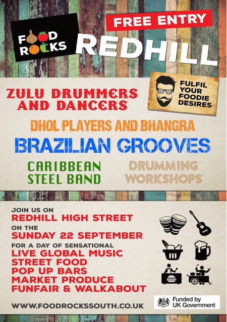 Flier for global music and street food event, colourful background with graphics