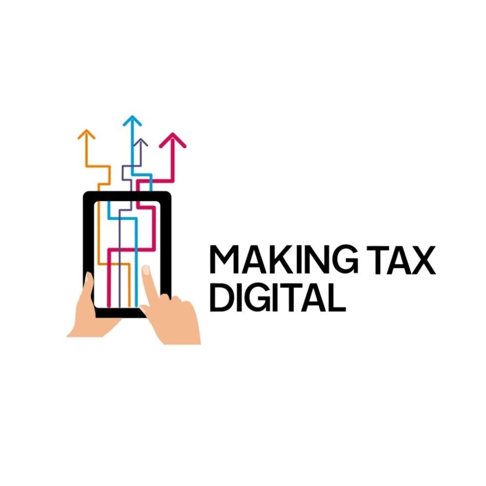 Illustration of a tablet device held by two hands, with colourful interconnected arrows extending upward from the screen. The text “Making Tax Digital” appears alongside the graphic, representing the digital submission and management of tax records.