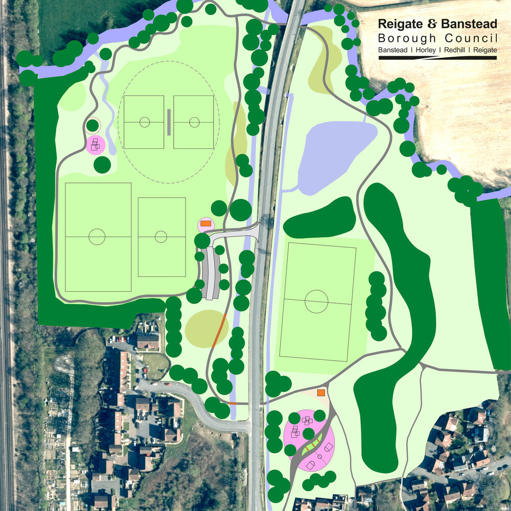 Initial concept plan for the Tanyard Meadows town park showing potential facilities and their locations 