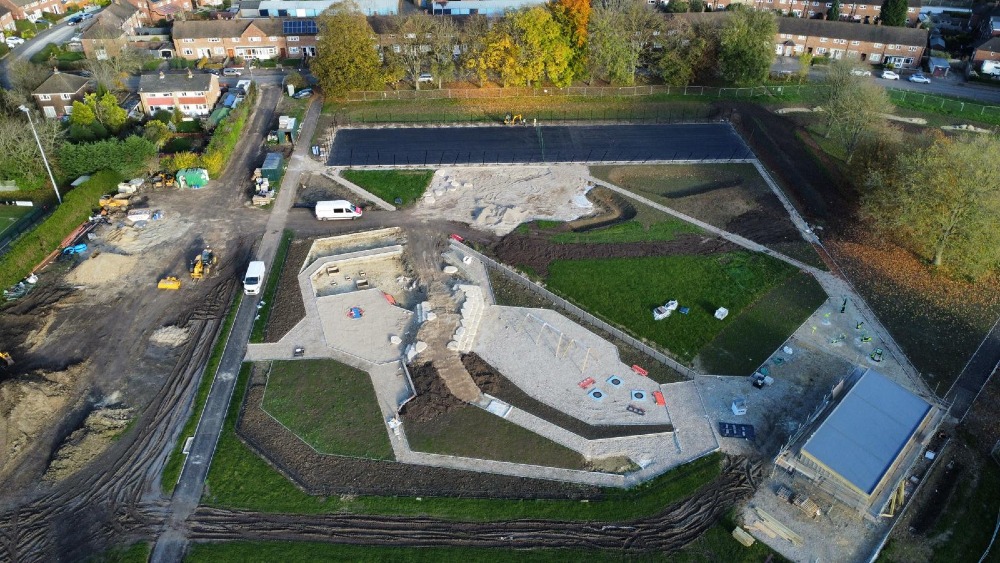 Aerial view of Merstham Rec showing rerub progress