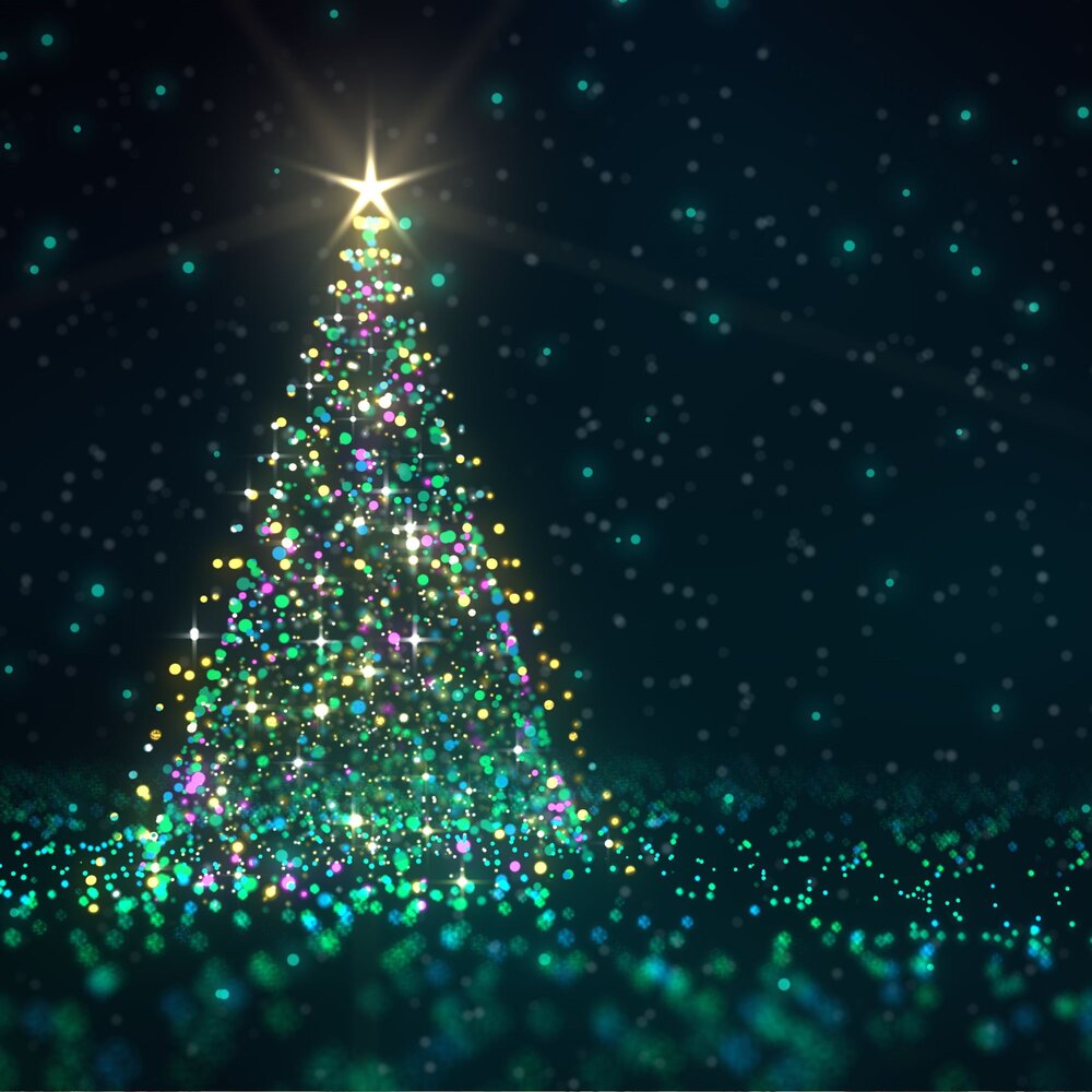 A glowing Christmas tree made of multicolored lights, topped with a bright star. The tree stands against a dark background with sparkling light dots scattered around, creating a festive, magical atmosphere.