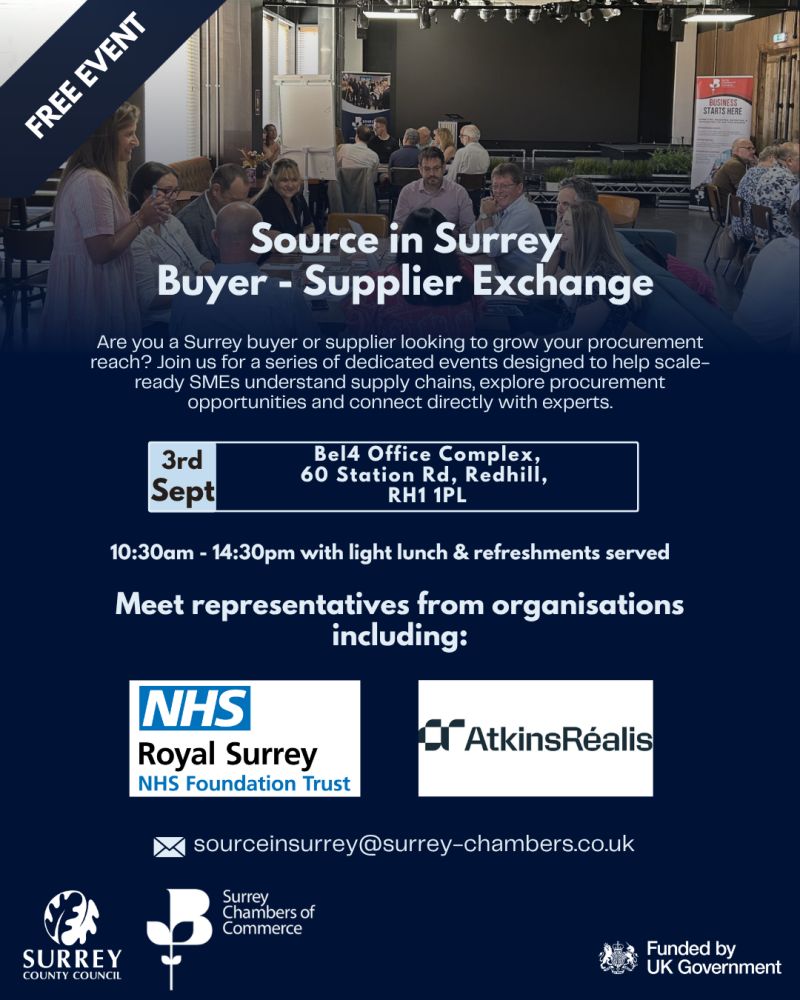 Promotional poster for the Source in Surrey Buyer-Supplier Exchange event. The image features business networking tables in a conference-style venue with attendees in discussion. Event details include 3 September, 10:30am-2:30pm, at Bel4 Office Complex, 60 Station Road, Redhill, RH1 1PL. The free event is designed to help Surrey buyers and suppliers explore procurement opportunities and connect with experts. Logos for Royal Surrey NHS Foundation Trust, AtkinsRéalis, Surrey County Council, Surrey
