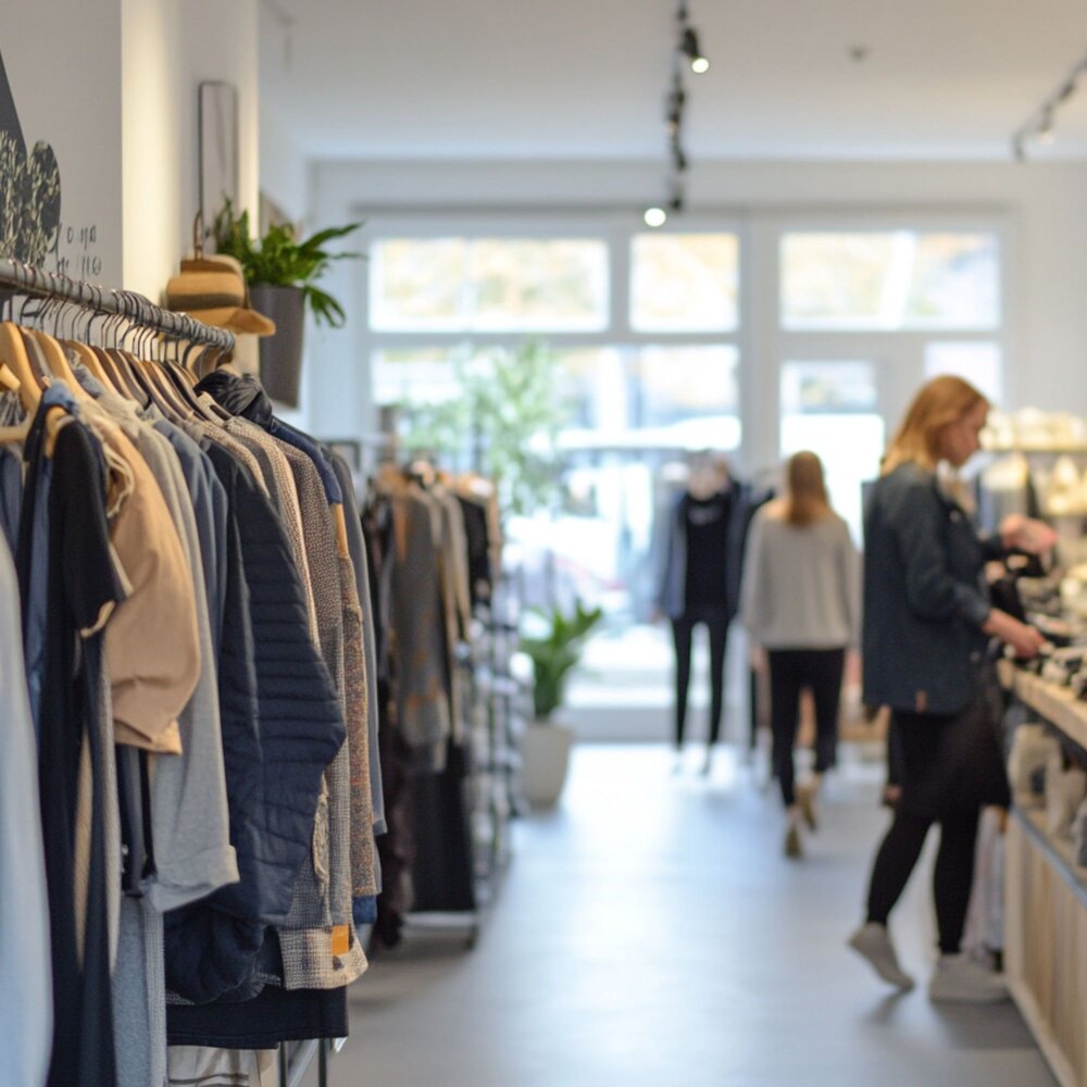 Interior of a modern clothing shop with garments displayed on racks along the left-hand wall. The bright retail space features large front windows, clothing displays and shelving, with several customers browsing products in the background. Natural light fills the store, creating an open and welcoming shopping environment.